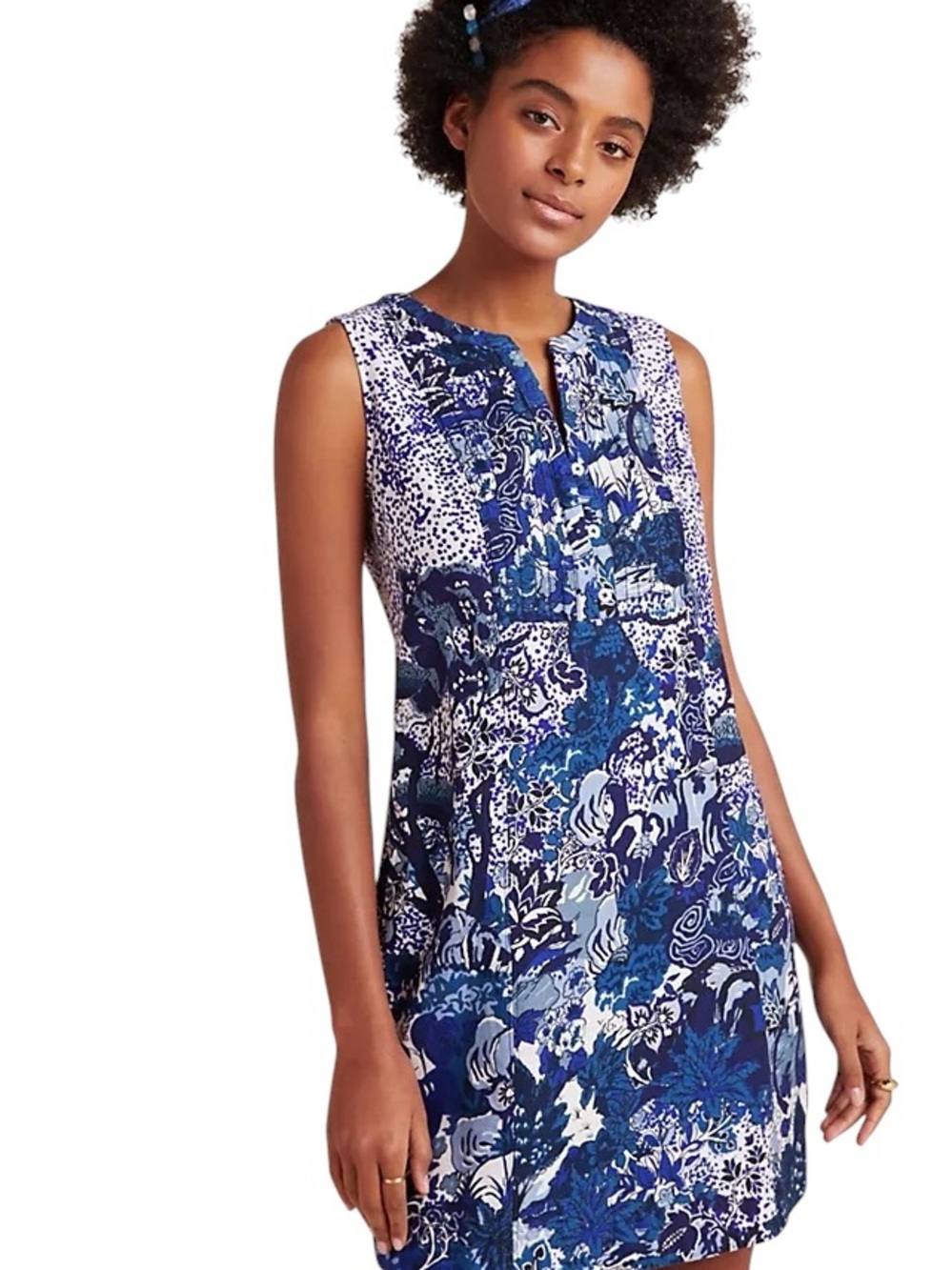 Anthropologie Maeve Blue Floral Sleeveless Shift Dress Boho Tunic Mini Size 0
